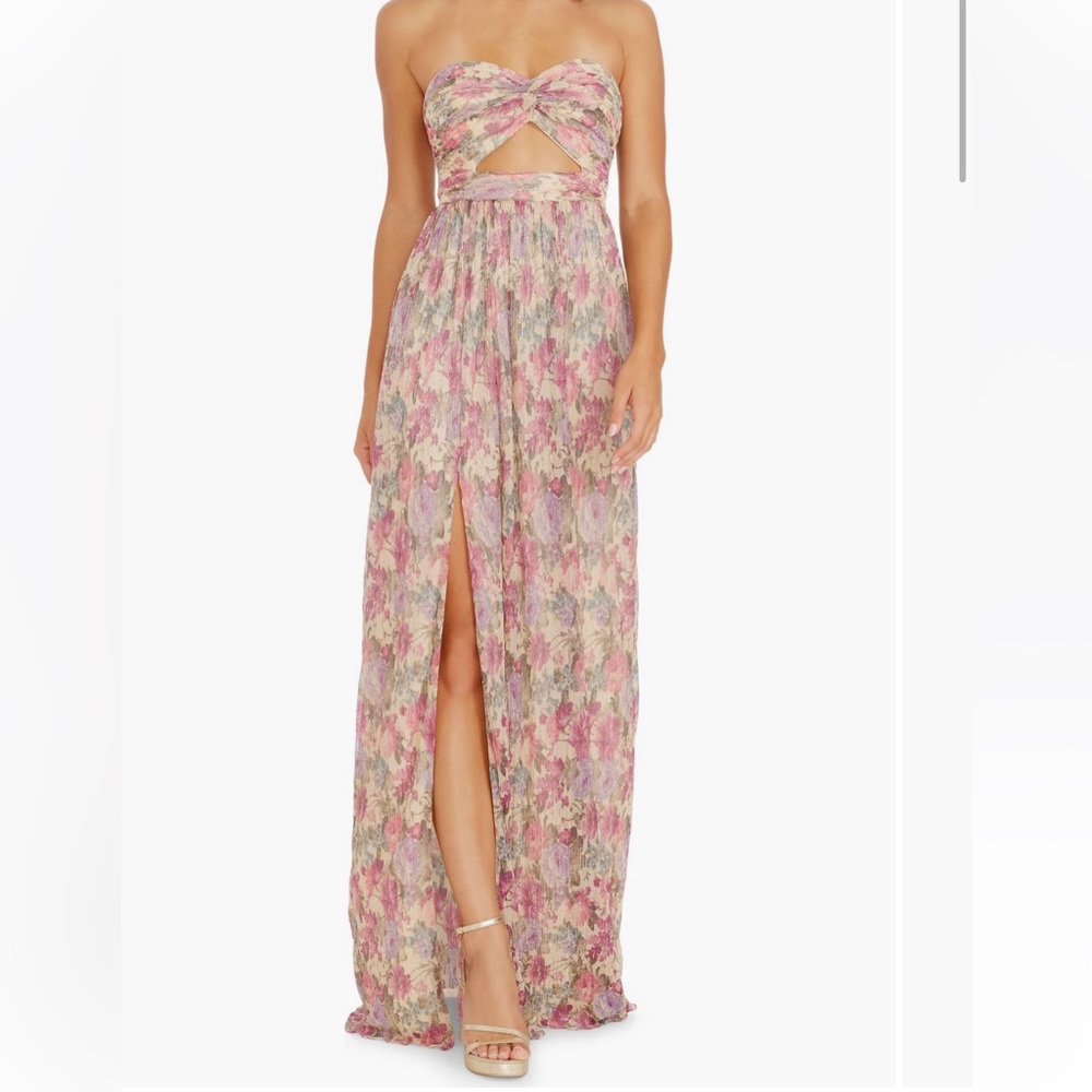Dress the population - Angelique floral cutout metallic strapless maxi dress